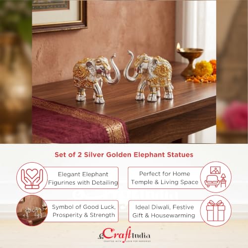 Image of eCraftIndia Silver Golden Set of 2 Elephant Statue Showpiece for Home Decor Office Table | Animal Figurines Good Luck Gift for Housewarming Birthday