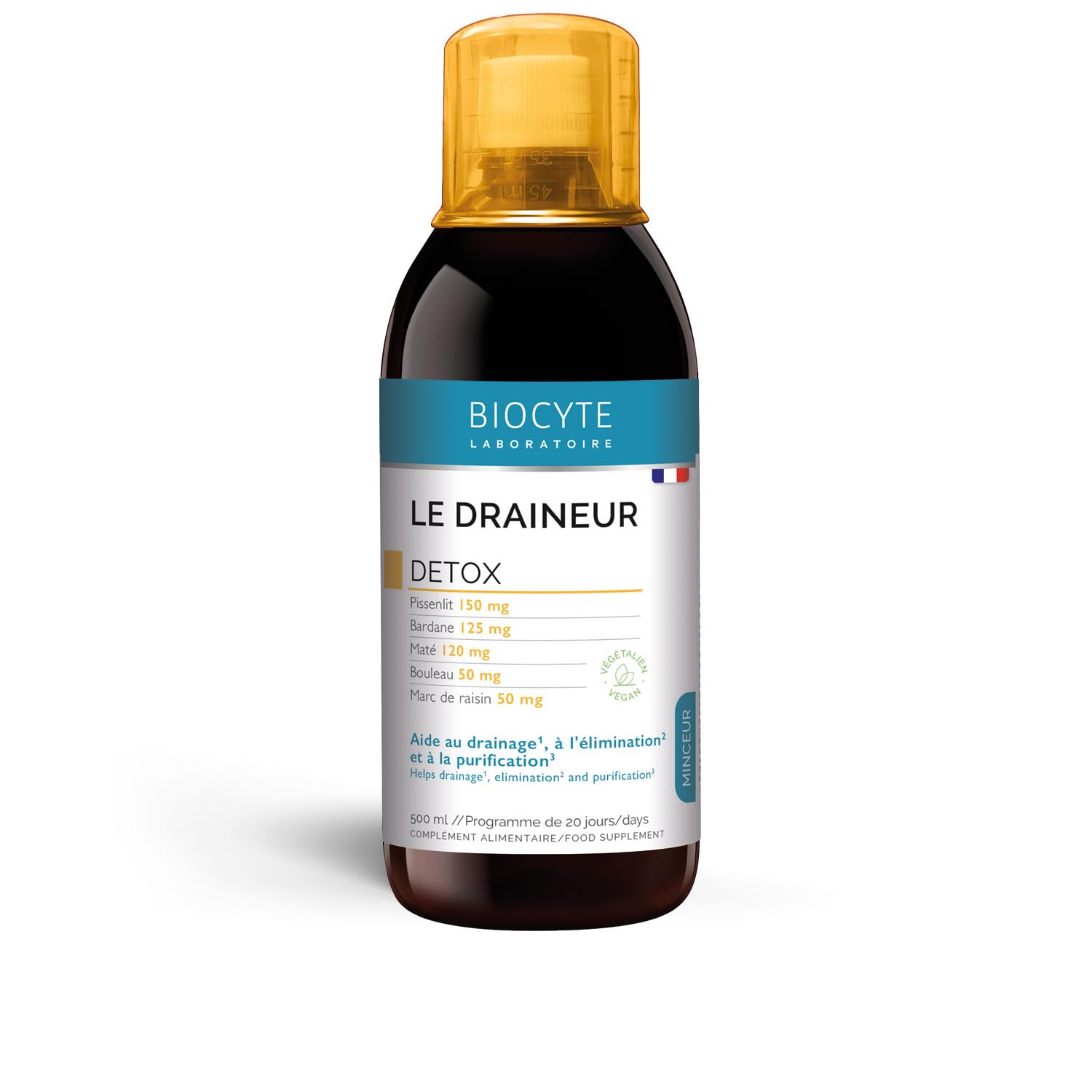BIOCYTE Le Draineur 500 ml - Drainage et Elimination, Favorise la Purification - Maté, Pissenlit, Bardane, Cassis, Ortie, Artichaut, Hibiscus - Végétalien - Programme de 20 jours - Fabriqué en France