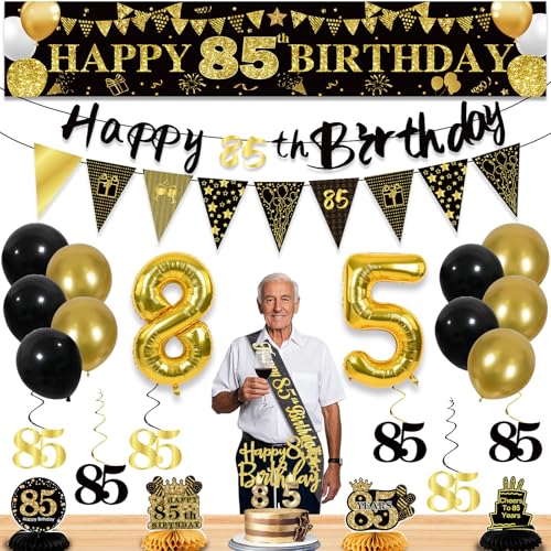 27pcs 85th Birthday Decorations for Men Black Gold 85th Party Decorations Happy 85th Birthday Banner Honeycomb Hanging Swirls Cake Topper and Balloons Kit Party Supplies