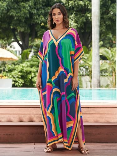 Women's Plus Size Loose Fit Moroccan Print V-Neck Batwing Kaftan Beach Dress Bathing Suit Cover Up2