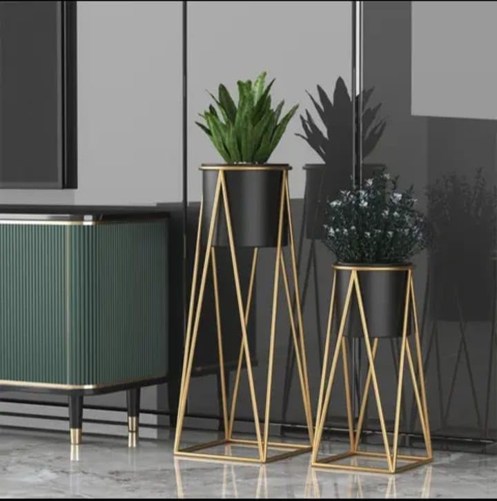 Image of Brass Industry Iron Metal Indoor Out Door Bedroom Home Office Planter Pot Tall Stand with Planter for Living Room, Balcony Flower Pot Stand Set of 2 (Black)