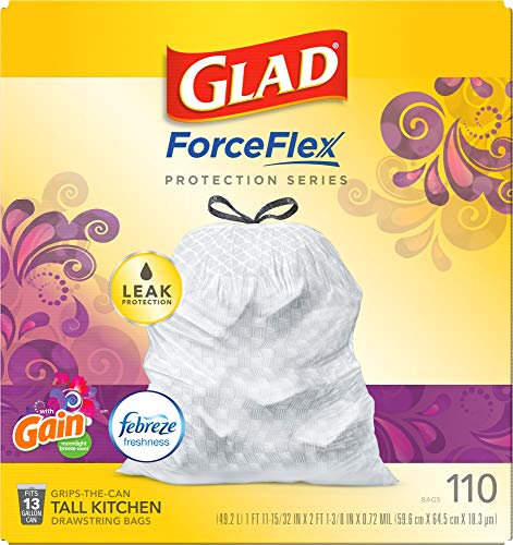 Glad Protection Series ForceFlex Tall Kitchen Drawstring Trash Bags – 13 Gallon White Trash Bag, Gain Moonlight Breeze Scent with Febreze Freshness – (Package May Vary) 110 Count