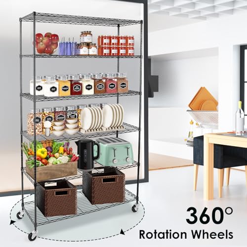 Image of WDT 6 Tier Shelf Shelving Unit with Wheels,Adjustable Metal Shelves for Storage, NSF Black Wire Shelving Rack, 2100Lbs Capacity Heavy Duty Shelving Storage Shelves for Kitchen Garage,47 inch Dx17 Wx80 H