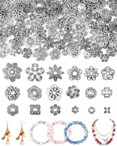FIVEIZERO 240Pcs Silver Flower Bead Caps for Jewelry Making 18 Styles Filigree Spacer Caps Multi-Petal Design 6mm16mm for Earrings Bracelets & Necklaces
