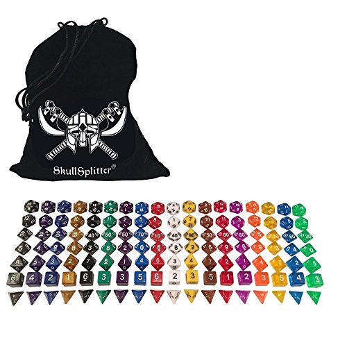 Skull Splitter Dice- One Pound Bag of Dice- 126 Polyhedral RPG Bulk Dice- 18 Complete Sets of 7 Dice - Velvet Dice Bag