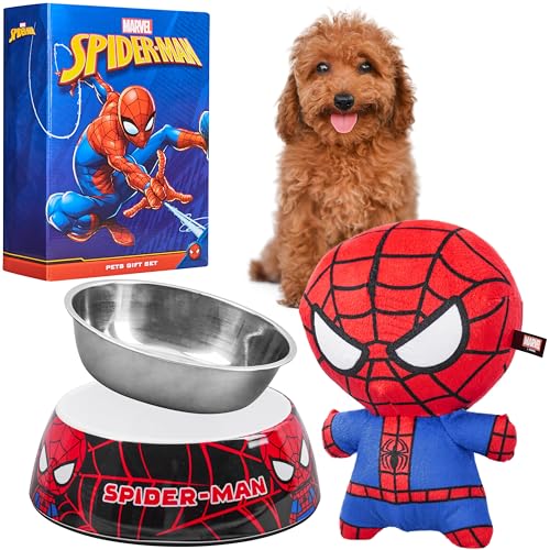 Disney Stitch Ciotole per Cani - Set Regalo Ciotola per Cani Antiscivolo e Peluche con Squeak (Spiderman Rosso/Blu)