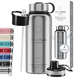 Trinkflasche Edelstahl ACTIVE FLASK + Strohhalm (3 Deckel) BPA-frei, Auslaufsicher, Kohlensäure geeignet - Wasserflasche Fahrrad Thermosflasche Isoliert Isolierflasche Sport Wasser Flasche Kinder Tee
