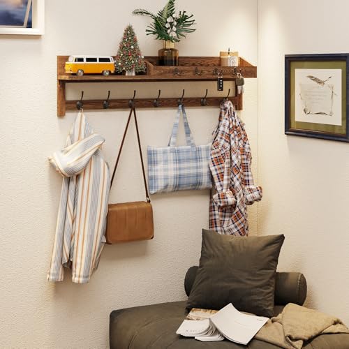 Image of AMBIRD Coat Rack Wall Mount, 35 inch Large Wall Hooks with Shelf, Entryway Shelf with 7 Dual Coat Hooks 4 Key Hooks Mail Organizer, Wooden Coat Hanger and Key Holder Wall Mount