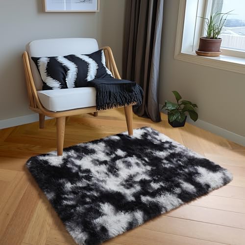 Amdrebio Black White Grey 2x3 Small Area Rugs for Bedroom Living Room Decor, Mini Fluffy Shag Modern Cool Rug for Kids Room Dorm Home Office, Shaggy Throw Furry Plush Floor Carpet for Teen Boys Men