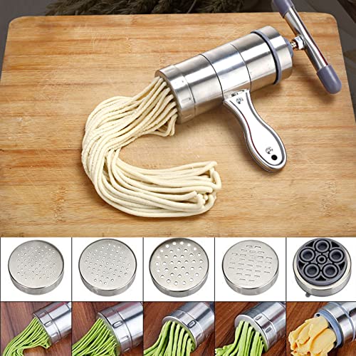 Vetaking Stainless Steel Manual Noodles Press Hand Crank Spaghetti Fettuccine Noodle Dough Press Machine Pasta Maker With 5 Noodle Mould, Fruit Juicer Squeezer (18.5X14Cm) #TOP4