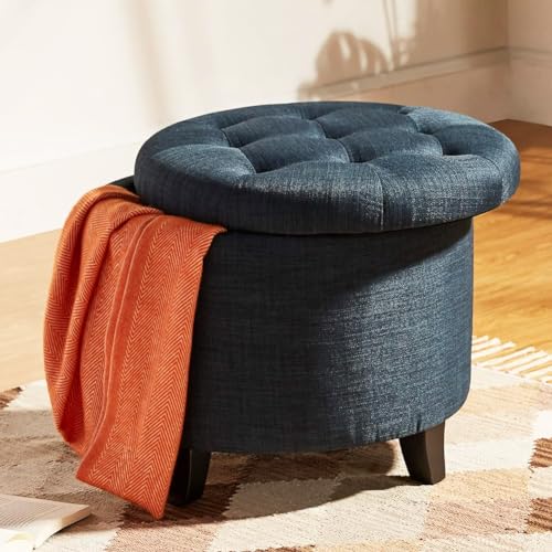 BAKAJI Puf contenedor reposapiés de Madera con Compartimento Interior, baúl de Almacenamiento con Asiento Acolchado, Taburete Redondo, 51 x 51 x 43 cm, para salón, Dormitorio, Color Azul Lino