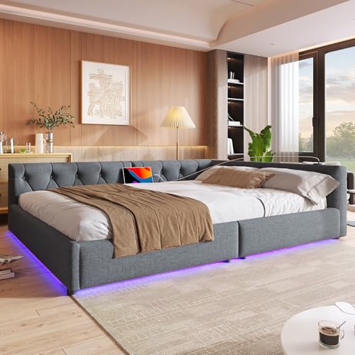 Gegtuon Schlafsofa Doppelbett Polsterbett 140x200 mit LED-Licht, USB-Bett Sofabett mit Kopfteil und Armlehnen, Tagesbett Jugendbett Bettgestell mit Lattenrost, ohne Matratze, Leinen, Grau