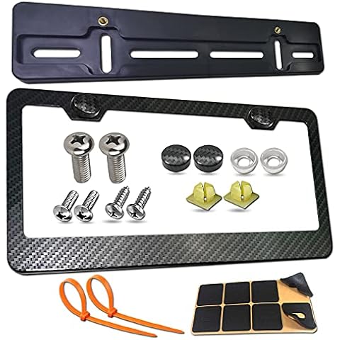 YoUoY Front License Plate Mounting Kit- Universal Front Plate Bracket Holder & Carbon Fiber Aluminum Car Tag Frame for 2 Pre-drilled Hole Bumper, Black Relocator Adapter with Screws Caps Covers Cover