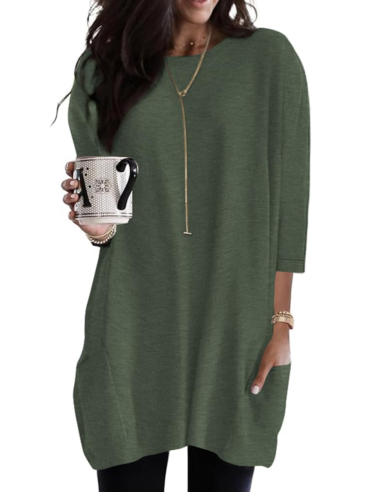Poetsky Womens 3/4 Sleeve Tunics or Tops to Wear with Leggings Long Shirts Blouses with Pockets S-3XL