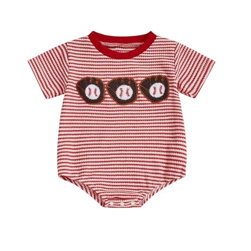 VISGOGO Baby Boy Summer Waffled Romper Stripe Baseball/Fishing Embroidery Short Sleeve Jumpsuit (Red-Baseball, 6-12 Months)