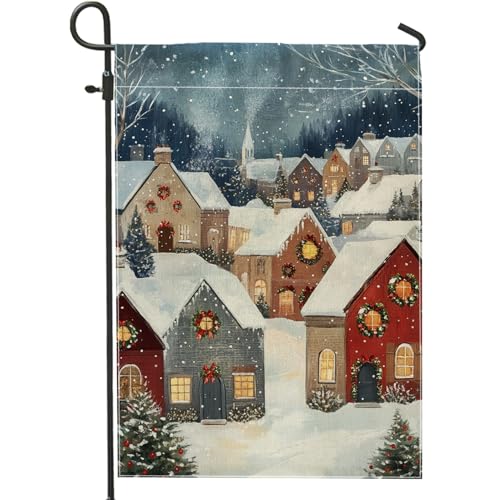 Bandera de jardín de pueblo del país de las maravillas de invierno, decoración navideña de casa nevada, banderas al aire libre, arpillera de doble cara, decoración de césped, 12 x 18 pulgadas