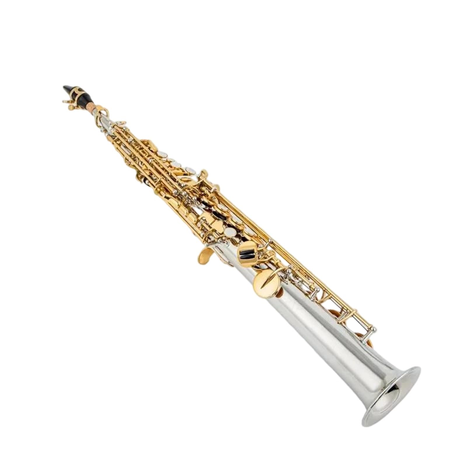Saxofones Profesionales Saxofón Soprano Plateado con Llave Dorada, Estuche, caña y Tubo de tudel,2