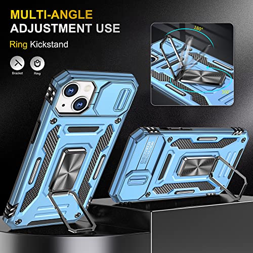 Image of Polycarbonate Slide Camera Cover with Ring Holder Mobile Phone Back Cover for iPhone 14 (Blue)