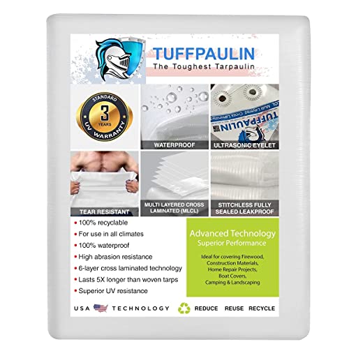 Image of TUFFPAULIN Plastic 10X 8Ft 120 GSM Transparent Tarpaulin Tirpal Tadpatri Tharpai Thadika,Extra Strong,Reinforced,Uv Resistant,100% Waterproof Virgin,6 Layer Mlcl 3D Rib Technology-1 No,96x120x0.03 in