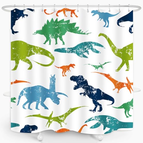 Image of Dinosaur Shower Curtain Colorful Kid Cartoon Jurassic Children Dino Elasmosaurs Themed Bath Curtain Waterproof Fabric Bathroom Decor 72x72 Inch Plastic Hooks 12 PCS