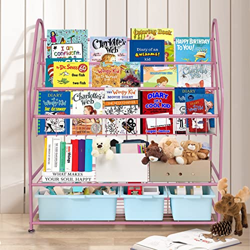 Image of aboxoo Metal Kids Bookshelf Pink Bookcase Freestanding for Children Girls Room 32 inches Large Toddler Pink Stable Bookcase Bookstore Library Book Unit Storage