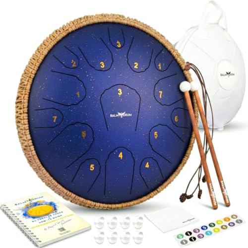 Balmy Drum Steel Tongue Drum 14 inch 15 Notes 440Hz Handpan Drum with Music Book Mallets Carry Bag Finger Picks Rain Drum for Outdoor Meditation Yoga Calming Instruments for Adults Kids (Blue)