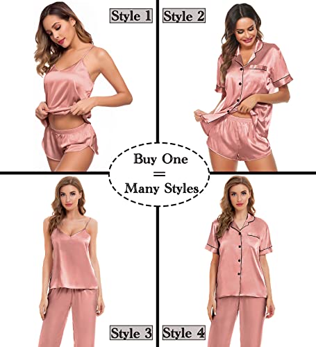 Image of SWOMOG Womens Silk Satin Pajamas Sets 4pcs Sleepwear Sexy Cami Shorts Set and Button Down Short Sleeve Pjs Loungewear Misty Rose X-Small
