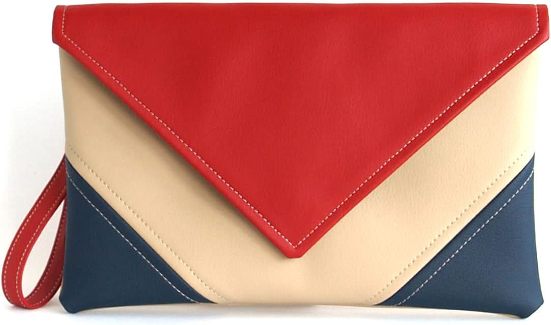 Clutch Bag envelope Handmade Navy blue Red Beige Clutch Purse Vegan Eco Faux leather Handbag Strap Evening Bag wedding bridesmaid