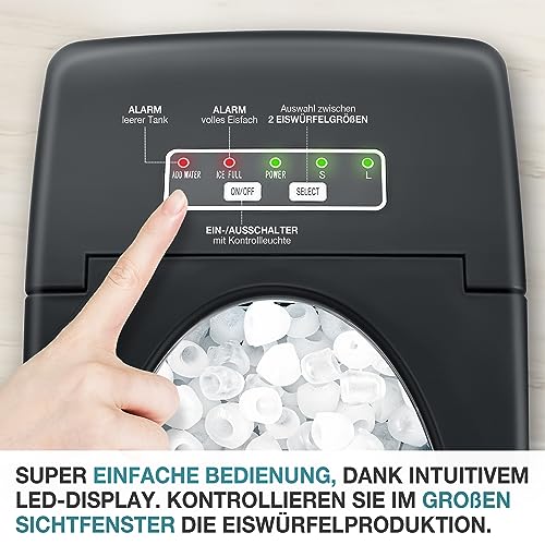 Foto von TOM Eiswürfelmaschine – 9 Eiswürfel in 6-8 min – 12 kg/24 h – 2 Würfelgrößen – Ice maker Eiswürfelmacher mit 1,3 l Wassertank – LED-Display – Inkl. Zubehör & Eiszange als Geschenk – Eiswürfelmaschine