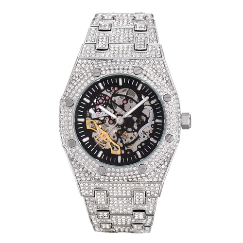ICEDIAMOND 43MM Iced Out Openwork Mechanische Automatische Armbanduhr, voll glänzende CZ Diamond Handaufzieh-Skelettzifferblatt Luxusuhr für Herren (Weiß)