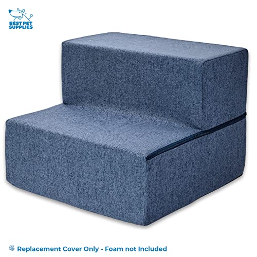 Image of Best Pet Supplies Foldable Pet Stairs Cover for Foam Dog Ramps, Replacement Slip with Non-Slip Step Surface, Plush and Soft Fabric, Provides Paw Traction and Stability - Navy Blue, 2-Step