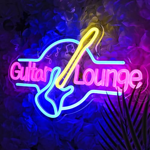 Image of Britrio Guitar Neon Sign Wall Art Decor Lounge Live Music Studio Band Room Home Office Bedroom Man Cave Bar Club Light Up Rock Roll Sign Wedding Birthday Party Gift 16.5 IN