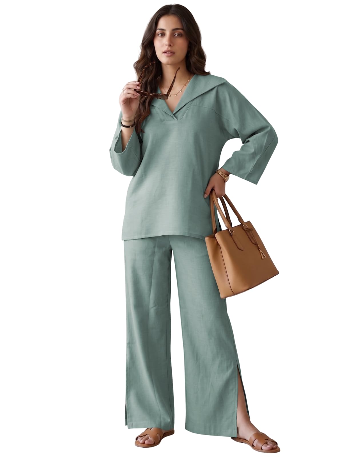 GRECIILOOKS Co Ord Set for Women Stylish | Linen Cord Set for Women – Oversized Top and Wide Leg Pants Set for Woman's | Casual Travel Airport Outfit for Summer Co-ord Set-picture-40