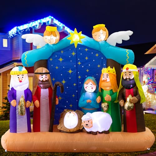 7 FT Christmas Inflatable Nativity Scene Christmas Outdoor Decorations Self Blow up Nativity Set with 10 LED Lights for Garden Holiday Xmas Party Décor (Nativity Scene)