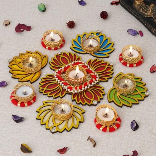 Image of Sanvatsar Home Decorative Lotus Rangoli & Lotus Diya Set | Corporate Gift, Diwali Gift, Diya for puja Home Decoration Light Diya, Christmas Candle, Lighting, New Year Candle Set of 9(Red)