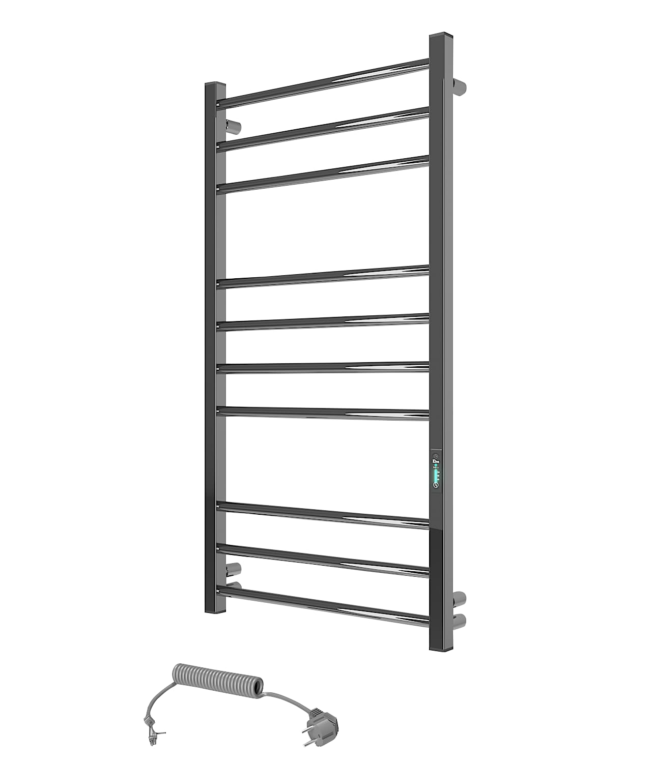 Elna chromowany grzejnik na ręczniki, 147 W, elektryczny 1005 x 530 mm, do hoteli, mieszkań wynajmowanych i studiów, stal nierdzewna, z termostatem, timerem i ekologicznym, IP44, montaż na ścianie