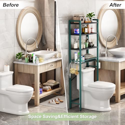 Image of Kalrin Over-The-Toilet Storage Rack, 4-Tier Bathroom Organizer Shelf Over Toilet with Adjustable Shelf and Basket, Freestanding Space Saver Bathroom Shelves Above Toilet for Room (Green- Black)