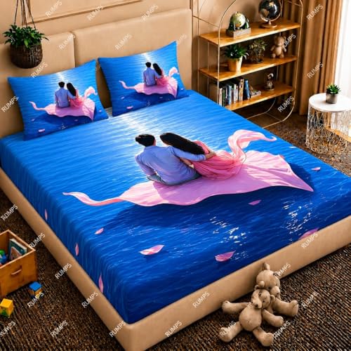 Image of RUMPS 7D Romantic Couple Printed Flat Bedsheet King Size 90x100 Inch with 2 Pillow Covers 16x26 Inch | Soft Microfiber Double Bedsheet | Luxury 7D Digital Bedshee