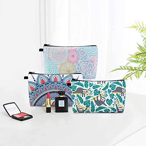 Image of MAGEFY Makeup Bag 3 Styles Portable Travel Cosmetic Bag for Women Flower Patterns Zipper Pouch Sloth Gifts Makeup Pouch for Girls with Black Zipper (3 packs)