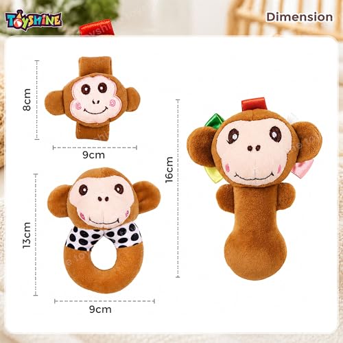 Image of Toyshine Pack of 3 Cute Animal Face Baby Hand Rattles Safe Lightweight and Easy to Hold Soft Stuffed Handy Rattles for Babies Infant Toddlers 6-12 Months - Monkey