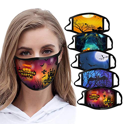 Miyola 5PC Halloween Print Protective_Mask Windproof Washable_Mask Face Bandanas for Halloween Suprise Women Men with 3D Cool Mask Bracket 3pcs (4pc)