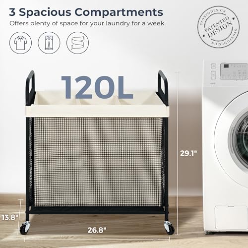 STO-STO-Laundry-Hamper-3-Section-120L-Rolling-Laundry-Sorter-Cart-with-Removable-and-Washable-Liner-Bag-Clothes-Hamper-with-Wheels-and-Metal-Handle-for-Laundry-Room-and-Bedroom
