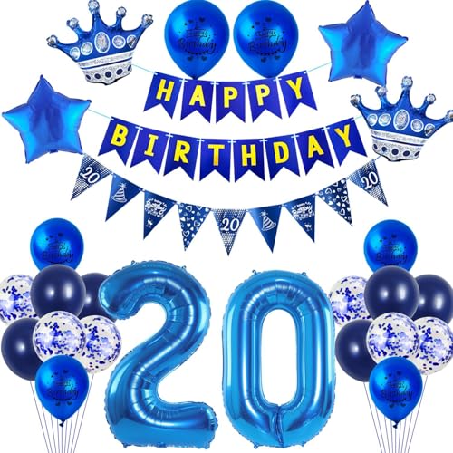 Blu Palloncini 20 anni uomo compleanno decorazioni 20 anni compleanno uomo palloncini, blu Happy Birthday Garland Banner Foil Balloon 20 anni compleanno festa decorazioni per uomo ragazzo