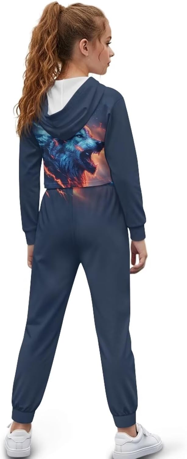 Renewold Girls Tracksuits Kids Teens Crop Hoodie Long Sleeve Sweatshirt Jogger Sweatpants 2 Piece Outfit Sweatsuits Set