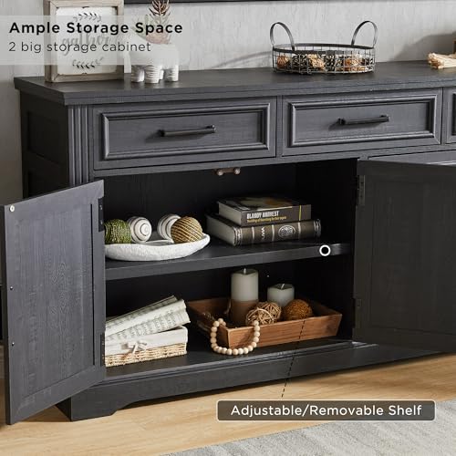 Image of JXQTLINGMU 66 inch Farmhouse Buffet Cabinet with Storage, Sideboard Credenza, Carved Cloud-Inspired Doors, 3 Drawers & Adjustable Shelves, Coffee Bar Cabinet, Black
