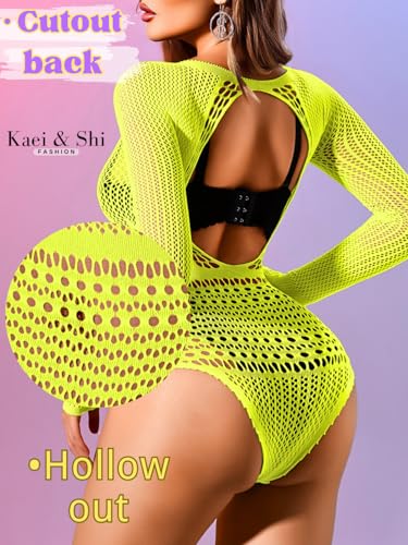 Image of Kaei&Shi Sexy Hollow Rave Outfits, Fishnet Bodysuit Fits US Women Sizes 0-18, Sheer Lace Glow Party Tops Festival Mesh