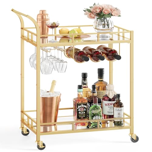 VASAGLE Bar Cart Gold, Home Bar Serving Cart, Wine Cart with 2 Mirrored Shelves, Wine Holders, Glass Holders, for Kitchen, Dining Room, Gold ULRC092A62 Gold 26"W