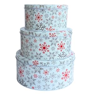 Round snowflake christmas tin setstackable holiday storage containers with red and silver snowflake design perfect for cookies candy and gifts decorative winter gift boxes set of 3  urban country home decor