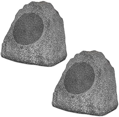 Theater Solutions 2R8G Outdoor Granite 8" Rock 2 Speaker Set for Deck Pool Spa Yard Garden, Granite Grey