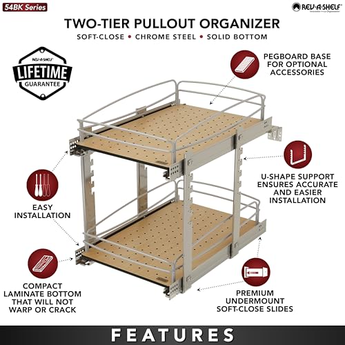 Image of Rev-A-Shelf 2 Tier Pull Out Kitchen Cabinet Storage Organizer with Solid Bottom & Undermount Soft-Close Full Extension Slides, Min Opening Width of 14 inch, 54BK-15SC-2-1